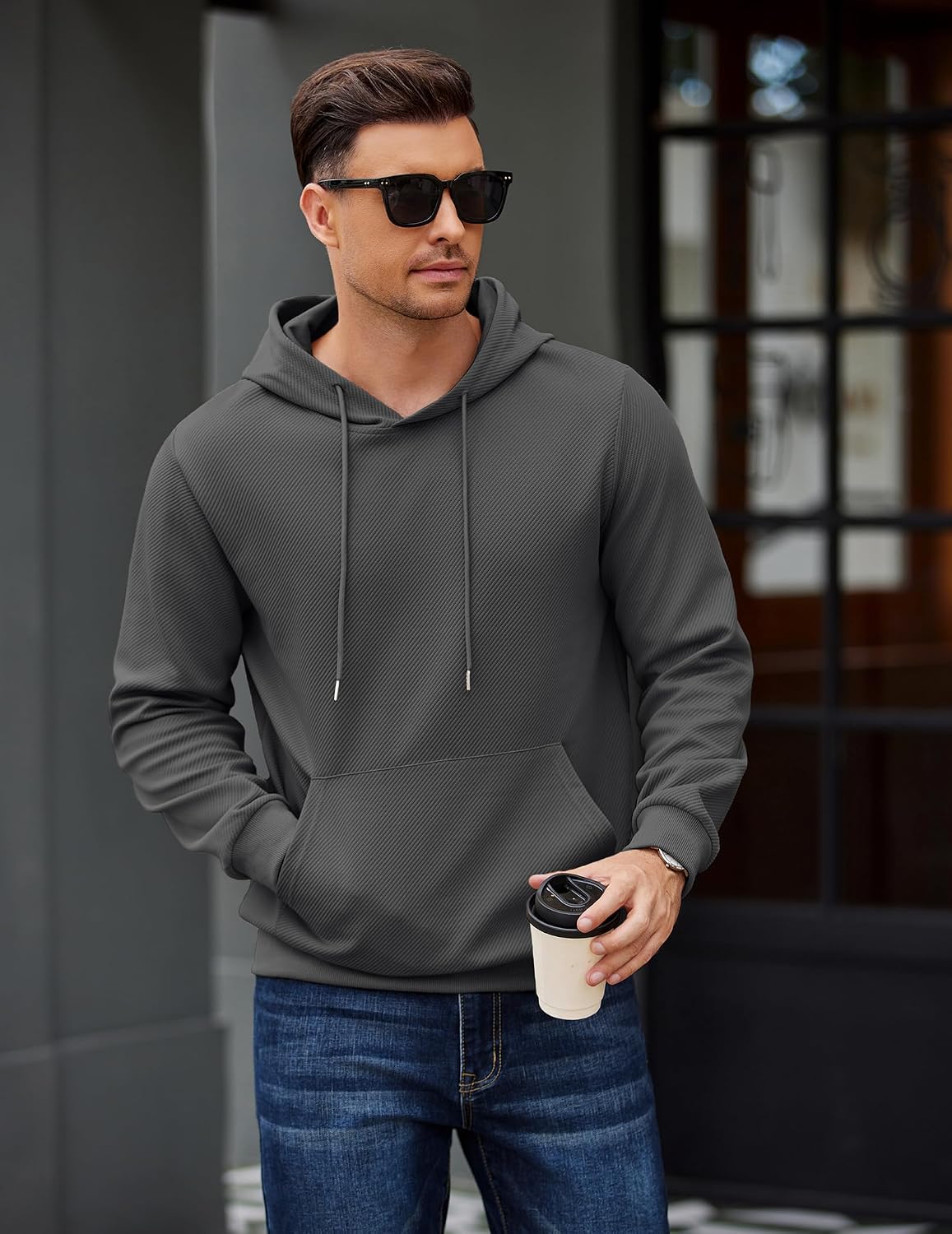 COOFANDY Men's Long Sleeve Hooded Sweatshirt Casual Lightweight Hoodies Pullover Textured Drawstring Hoodie with Kanga Pocket