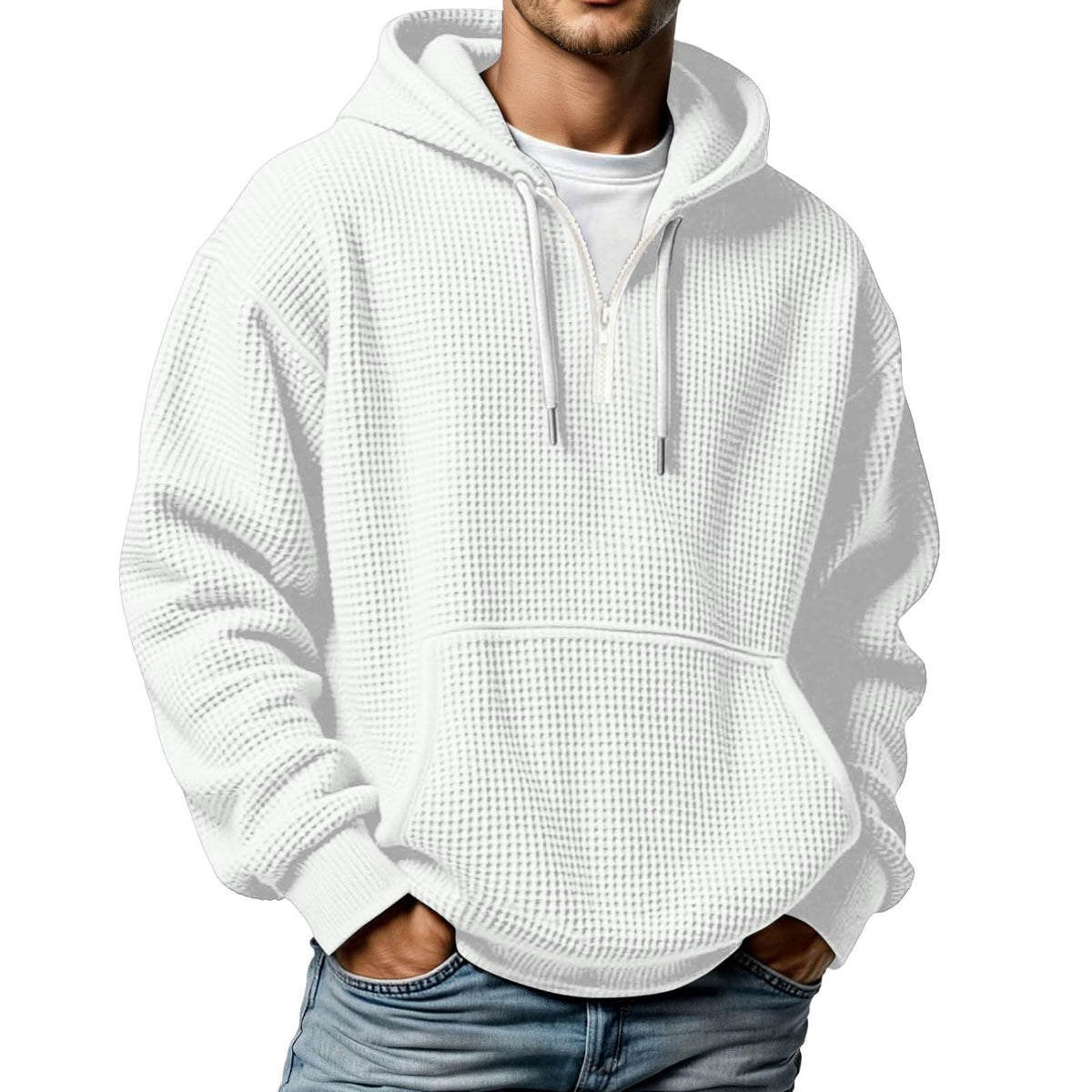 Quarter Zip Pullover Men Waffle Knit Hoodie Casual Long Sleeve Drop Shoulder Sweatshirt Fashion Loose Pullover