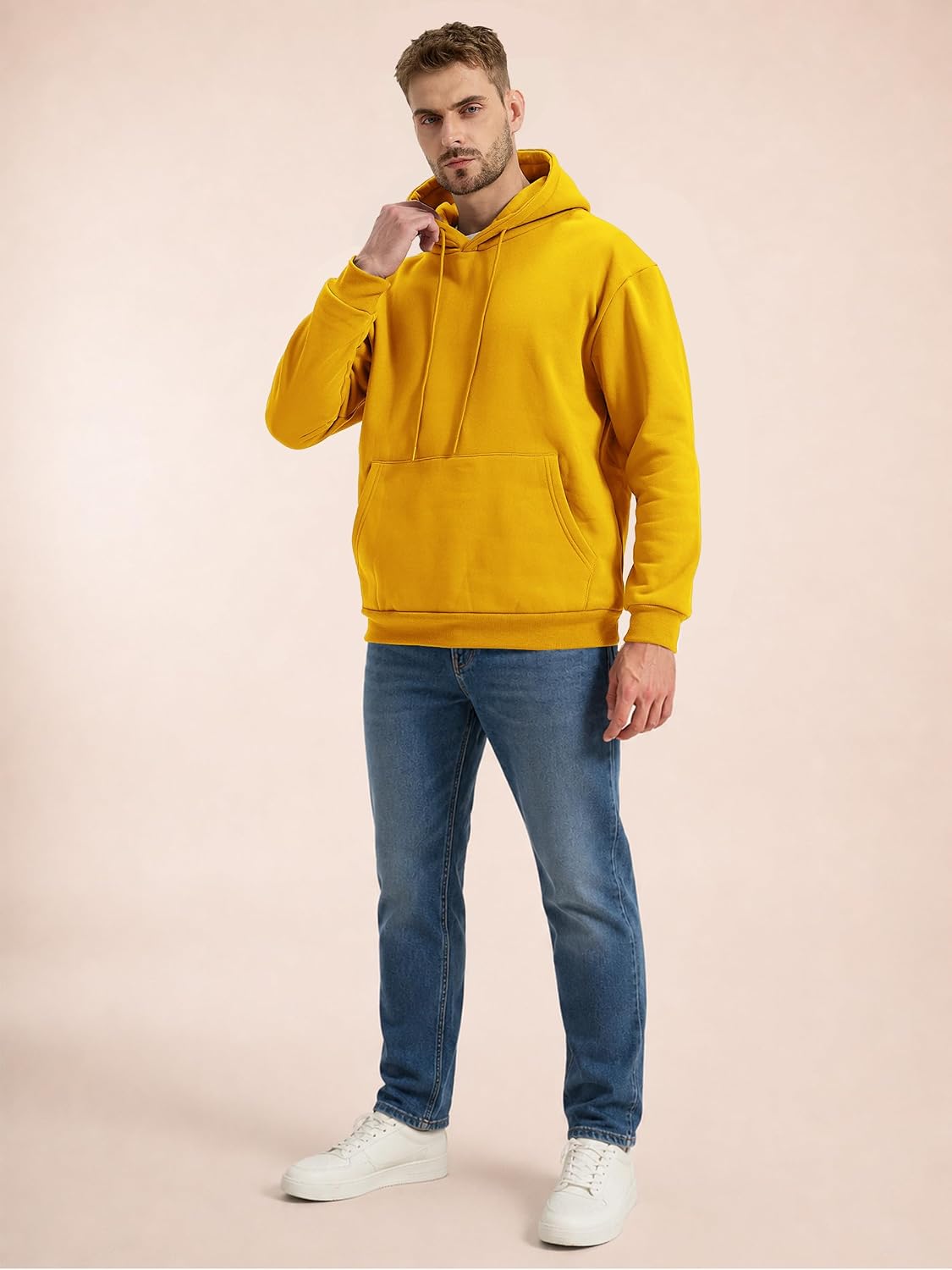 Mens Fleece Lined Hoodie Casual Oversized Pullover Sweatshirts Midweight Fashion Long Sleeve Hooded Sweatshirt