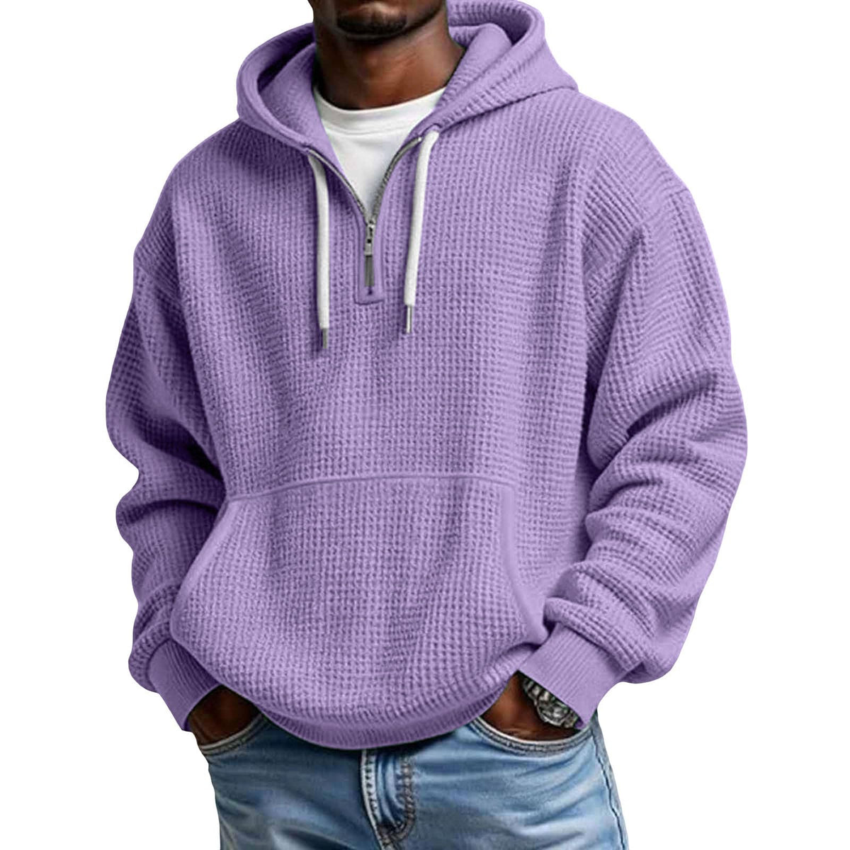 Mens Quarter Zip Hoodie Oversized Fall Waffle Knit Hooded Sweatshirt