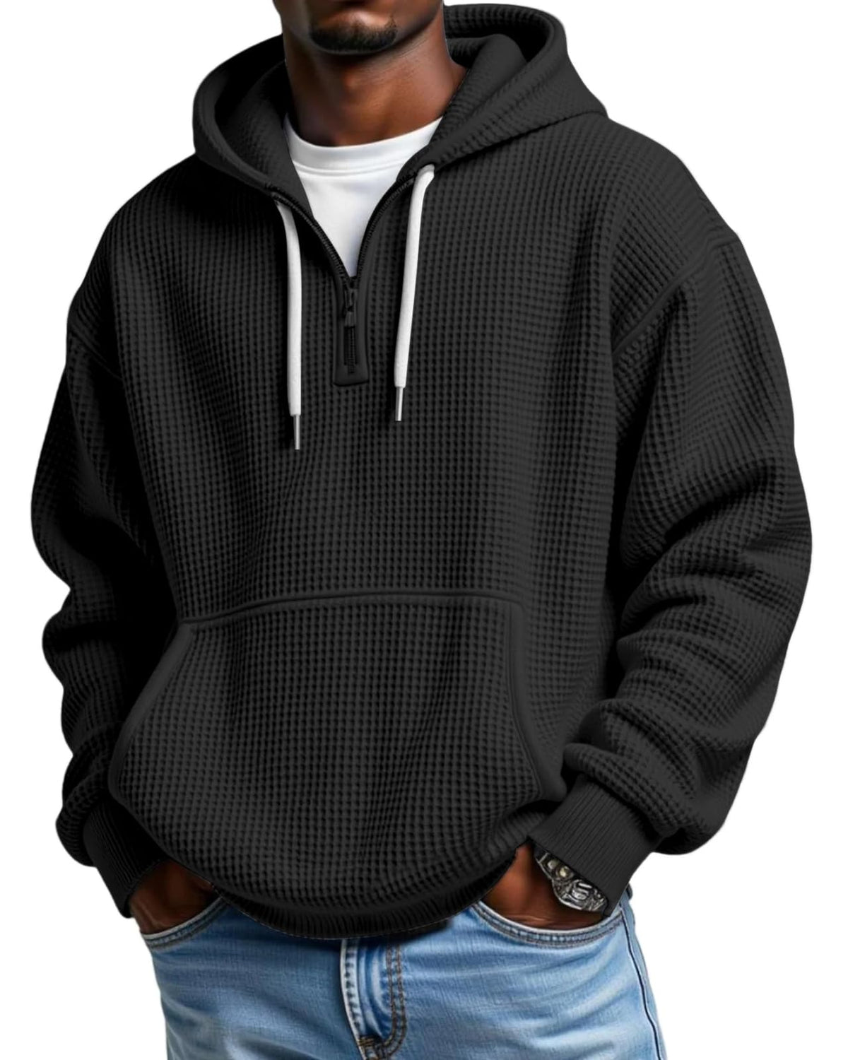 Men's Quarter Zip Waffle Hoodie Casual Pullover Sweatshirt