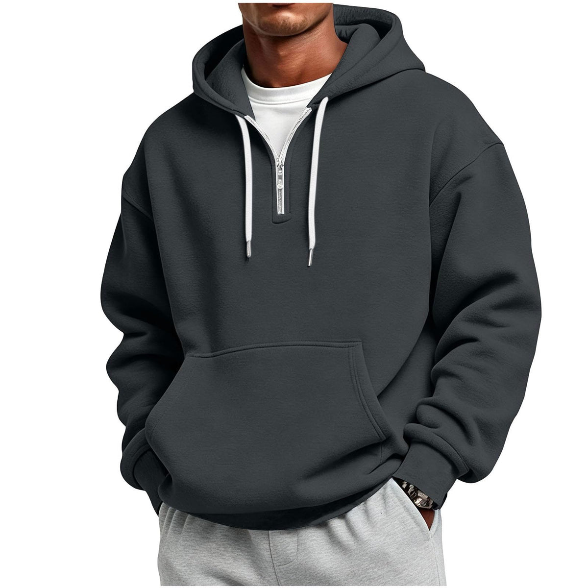 Men's Quarter Zip Hoodies Oversized Solid Pullover With Kangaroo Pocket