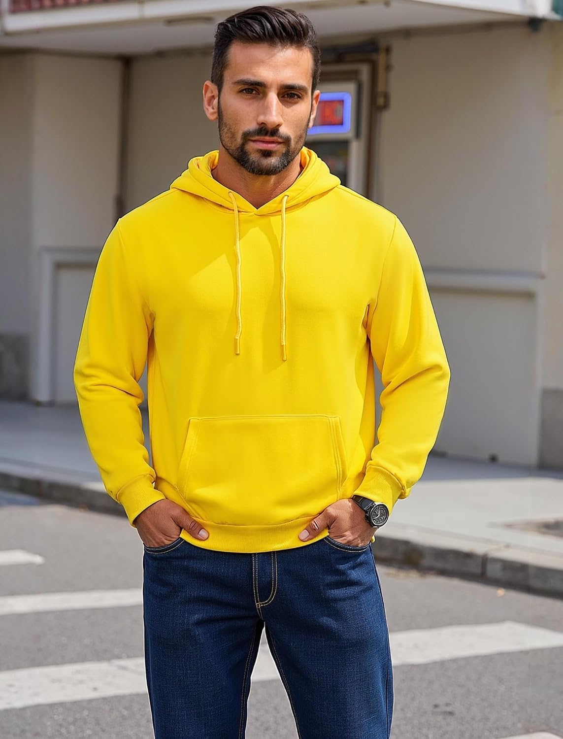 Mens Hoodies Pullover Midweight Fashion Long Sleeve Casual Hooded Sweatshirt Solid Color Fleece-Lined Hoodie