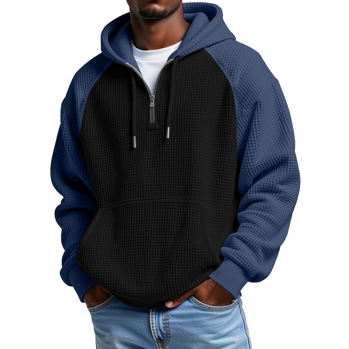 Mens Hoodies Pullover Quarter Zip Casaul Long Sleeve Drawstring Waffle Knit Hooded Sweatshirt with Pocket