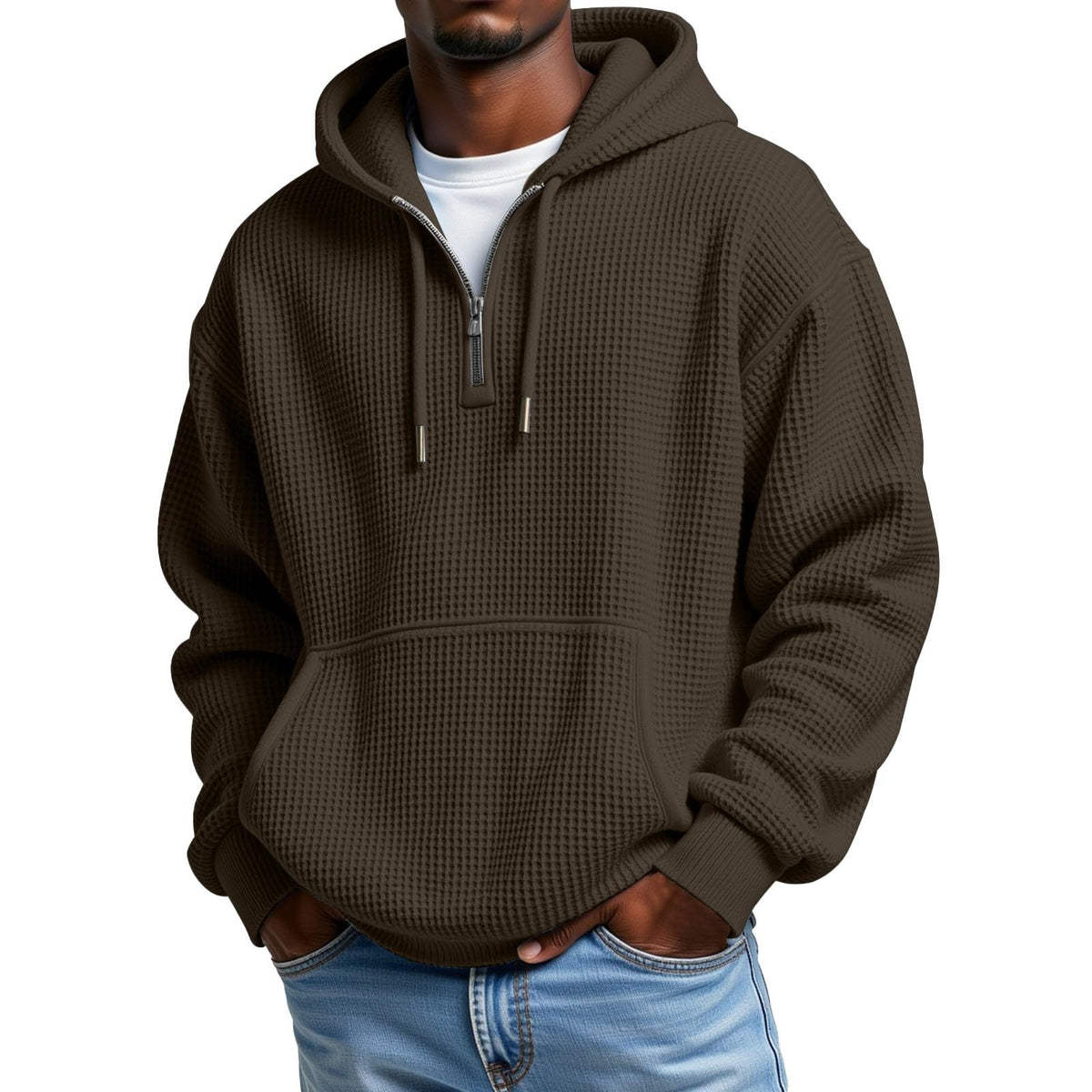 Mens Hoodies Pullover Quarter Zip Casaul Long Sleeve Drawstring Waffle Knit Hooded Sweatshirt with Pocket
