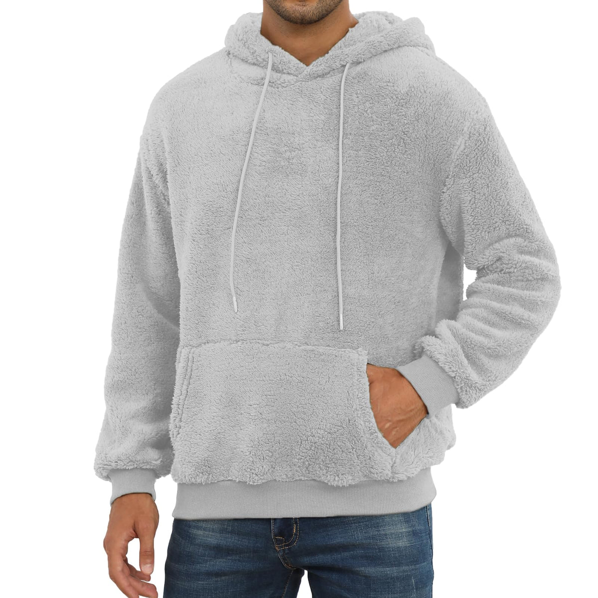 PEGENO Mens Fuzzy Sherpa Hoodie Pullover Sweatshirts Loose Cozy Pocket Long Sleeve Winter Hooded Outwear
