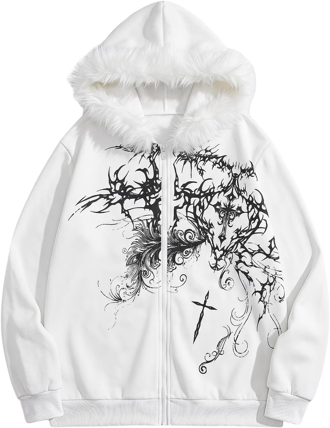 SOLY HUX Men's Y2K Grunge Zip Up Gothic Hoodie with Fur Hood