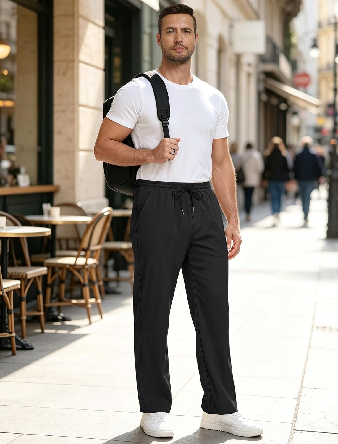 Mens Casual Pants Drawstring Elastic Waist Chino Pants with Pockets