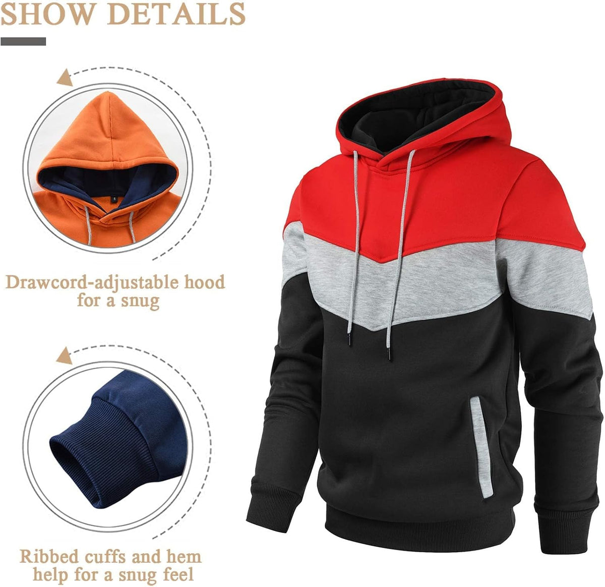 Gesean Men's Novelty Color Block Pullover Fleece Hoodie Casual Sweatshirt