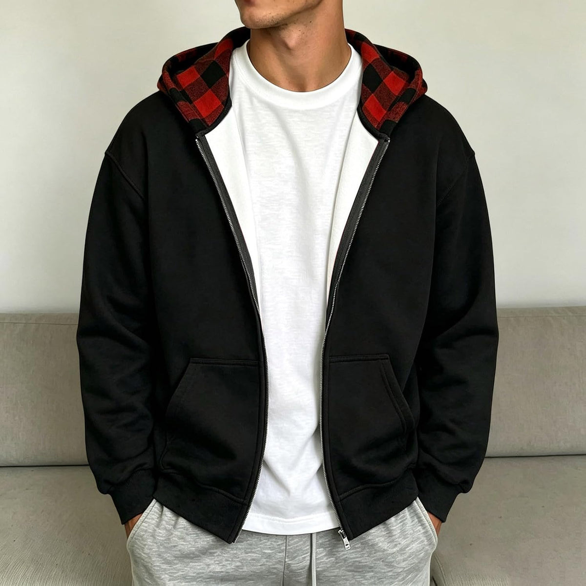 Full Zip Hoodies For Men Y2k Plaid Hoodie Reversible Oversized Graphic Sweatshirt Streetwear Jacket Hip Hop Outfits