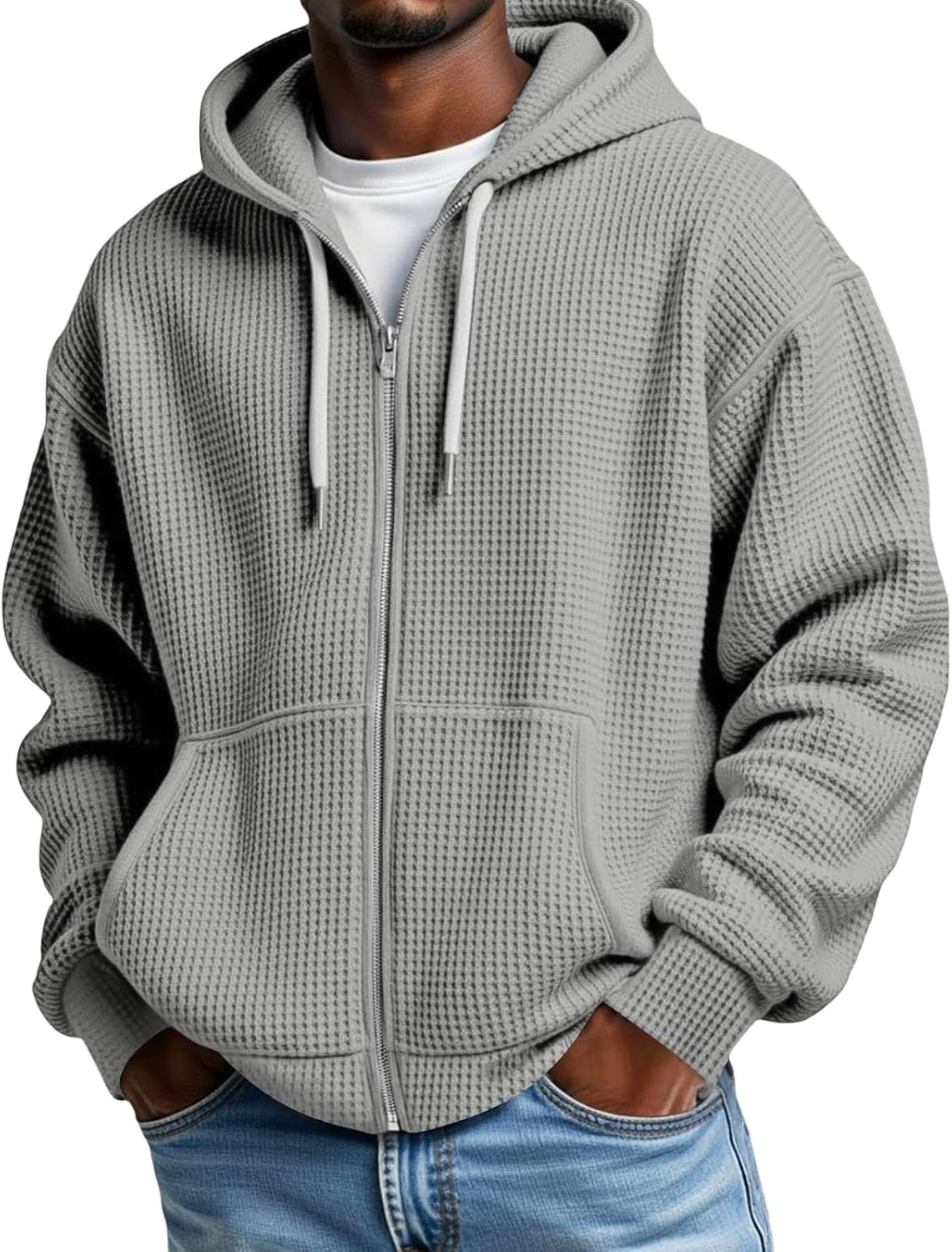 Waffle Knit Hoodies for Men Full Zip Sweatshirt Hooded Cardigan with Pocket Loose Fit Drawstring Athletic Jackets
