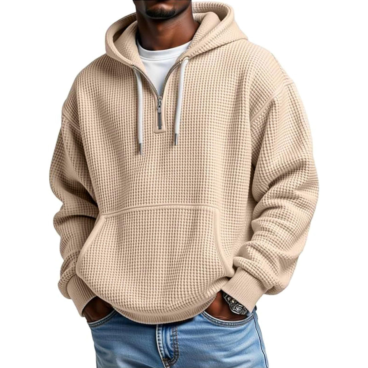 Hoodies for Men Waffle Quarter Zip Pullover Oversized Sweatshirt