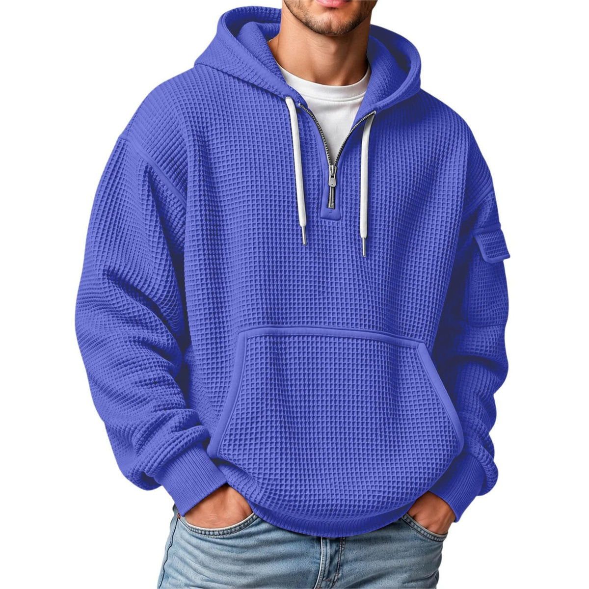 XS-5XL Men's Quarter Zip Hoodies Waffle Knit Pullover Long Sleeve Casual Sweatshirt Loose Fit Tops with Pockets