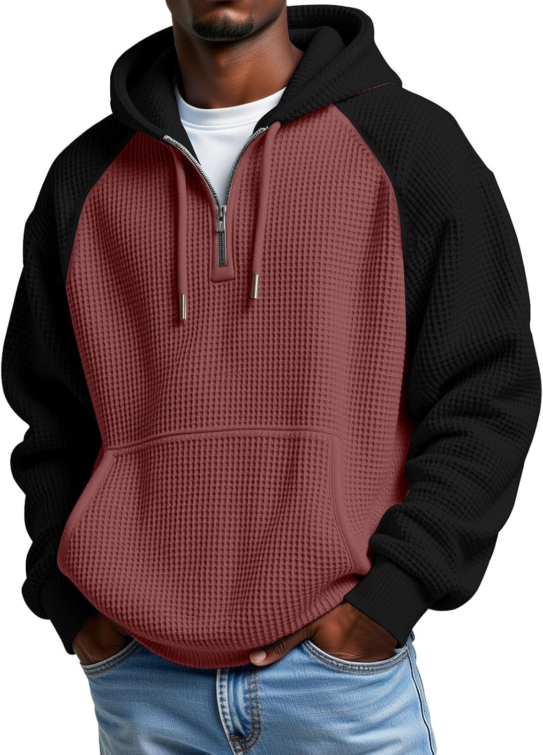 Mens Hoodies Pullover Quarter Zip Casaul Long Sleeve Drawstring Waffle Knit Hooded Sweatshirt with Pocket