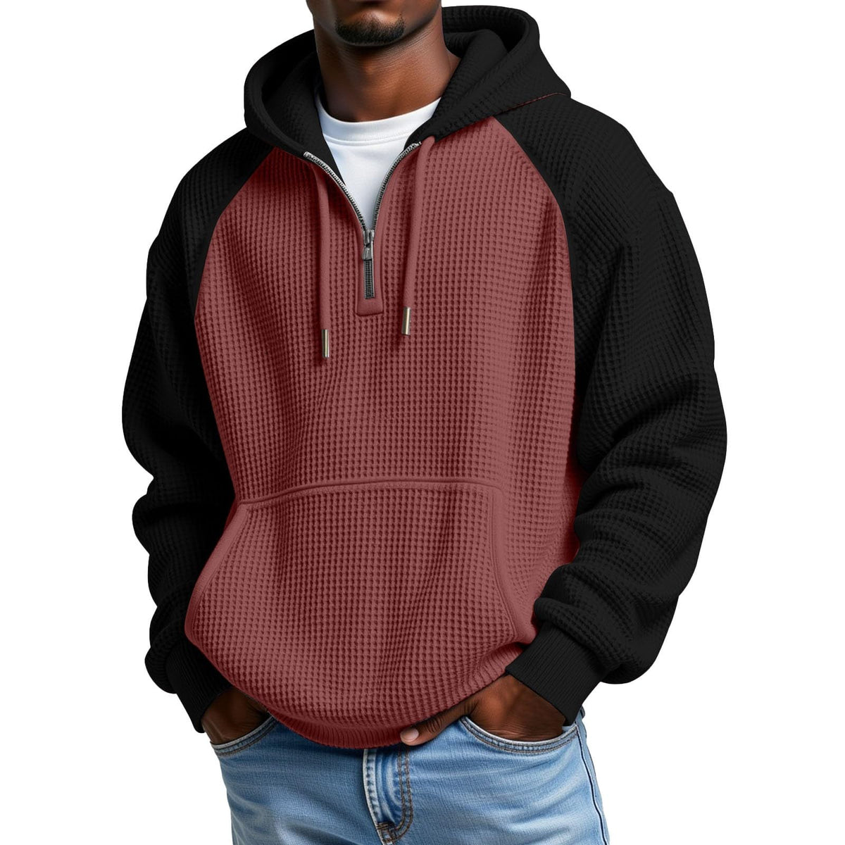 Mens Hoodies Pullover Quarter Zip Casaul Long Sleeve Drawstring Waffle Knit Hooded Sweatshirt with Pocket