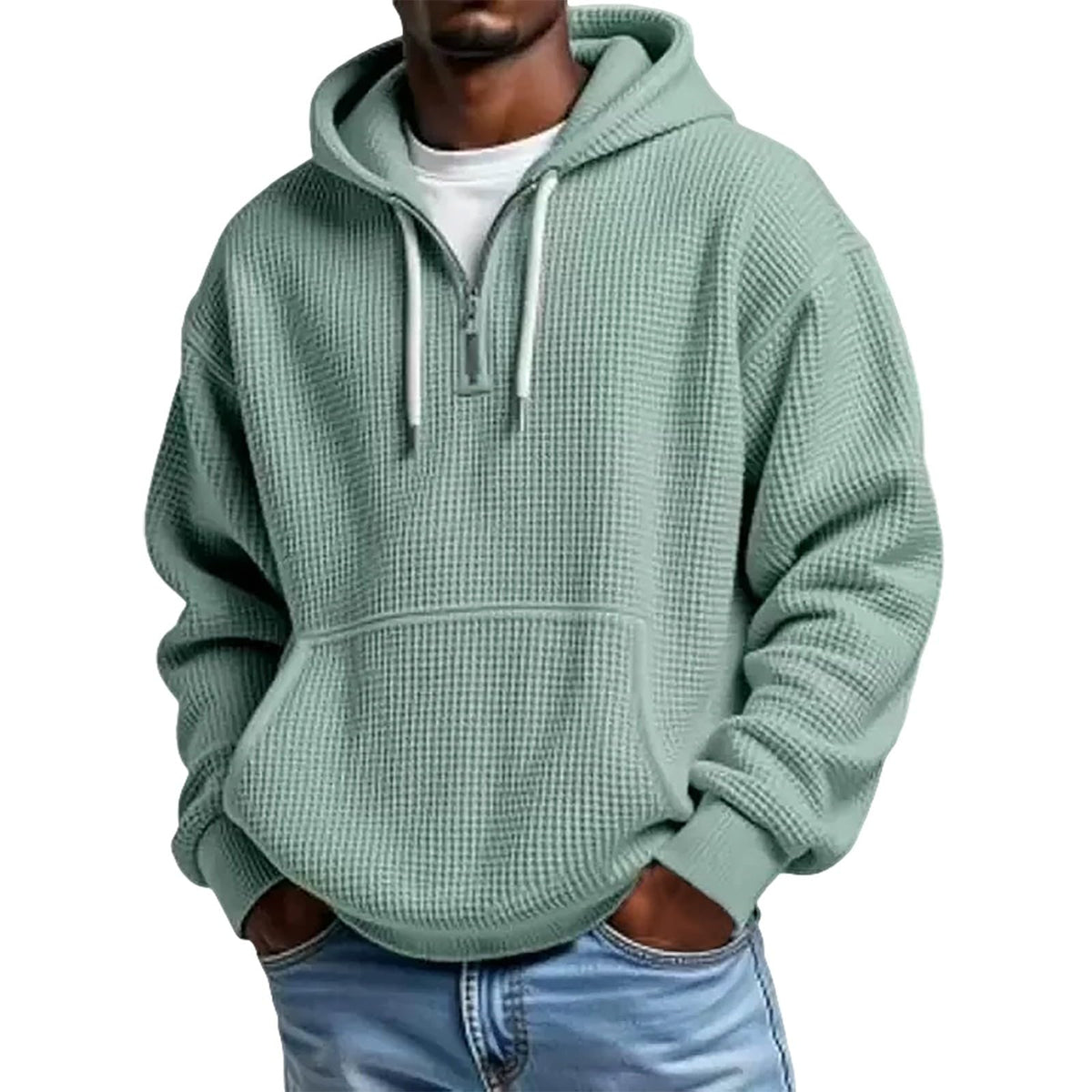 Mens Hoodies Pullover Quarter Zip Casaul Long Sleeve Drawstring Waffle Knit Hooded Sweatshirt with Pocket