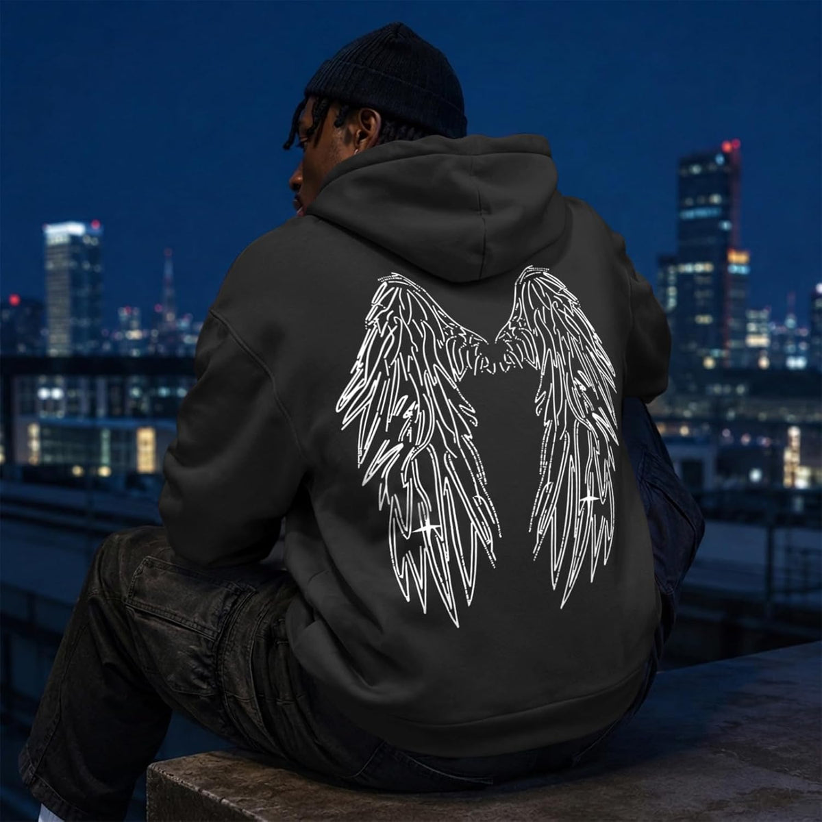 Mens Graphic Hoodies Streetwear Vintage Pullover Y2K Gothic Sweatshirts Angel Wings Casual Sweatshirt