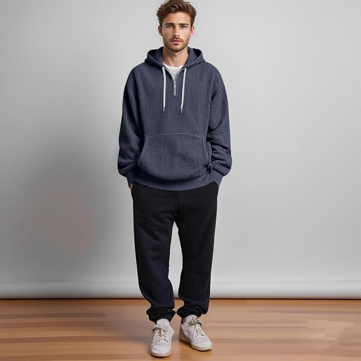Mens Quarter Zip Hoodie Oversized Fall Waffle Knit Hooded Sweatshirt