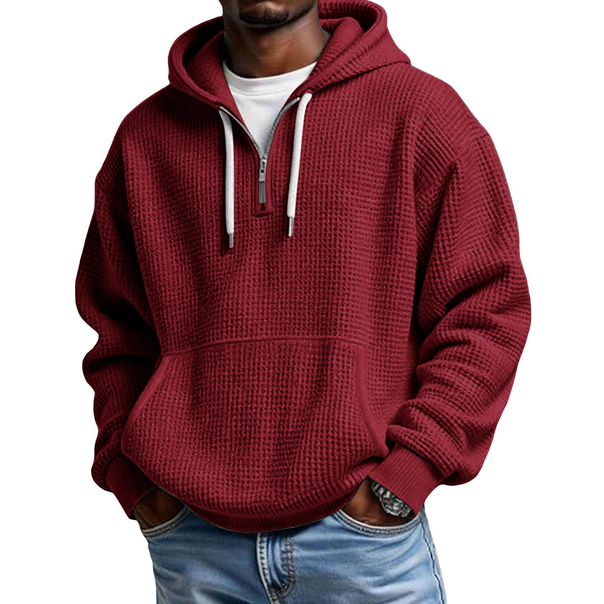 Mens Quarter Zip Hoodie Oversized Fall Waffle Knit Hooded Sweatshirt