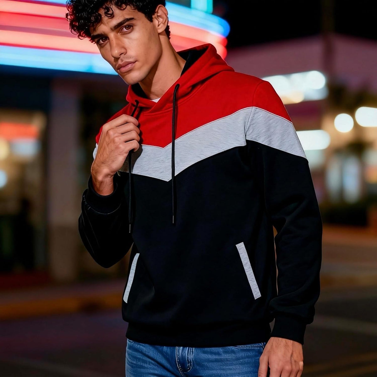 Men's Fashion Novelty Color Block Hoodies Long Sleeve Fleece Hooded Pullover Sweatshirts with Pockets
