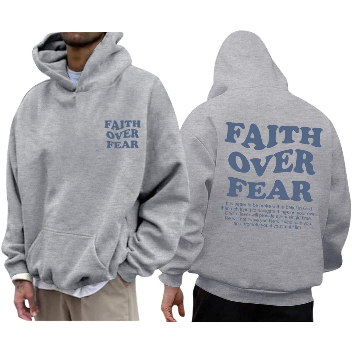 Faith Over Fear Hoodie Men Christian Jesus Sweatshirts Bible Verse Graphic Hoodies Inspirational Streetwear Pullover