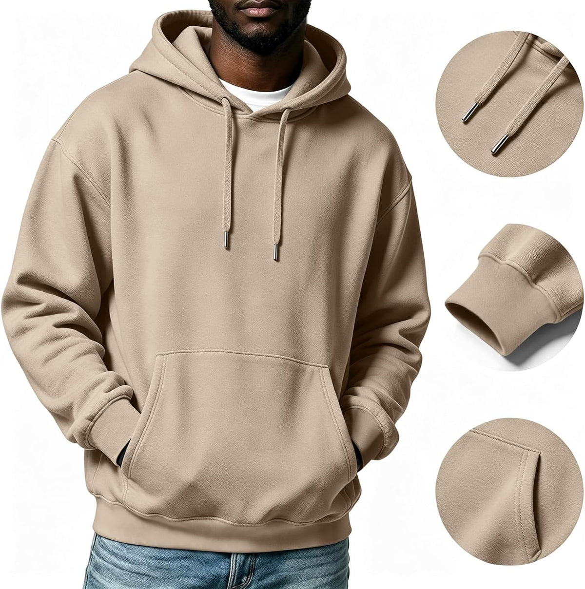 Mens Sherpa Hoodie Cottn Fleece Oversized Drawstring Hooded Sweatshirt