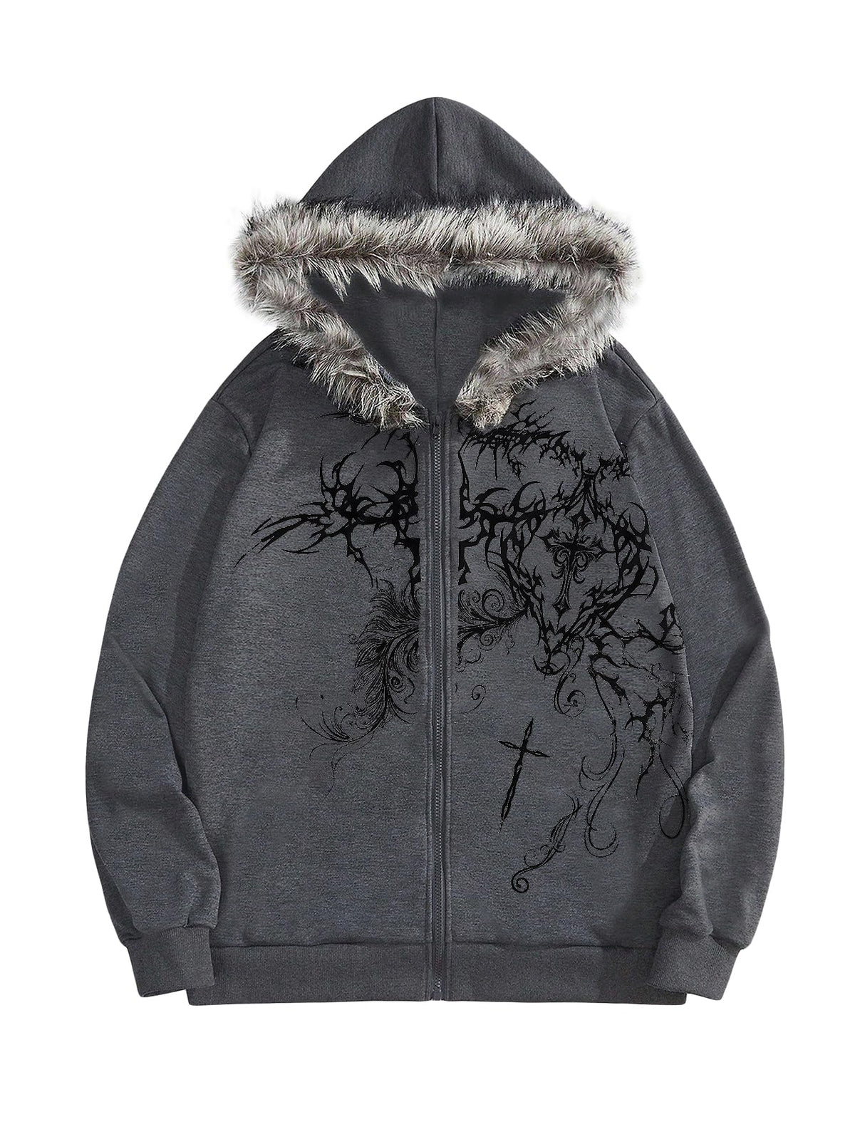 SOLY HUX Men's Y2K Grunge Zip Up Gothic Hoodie with Fur Hood