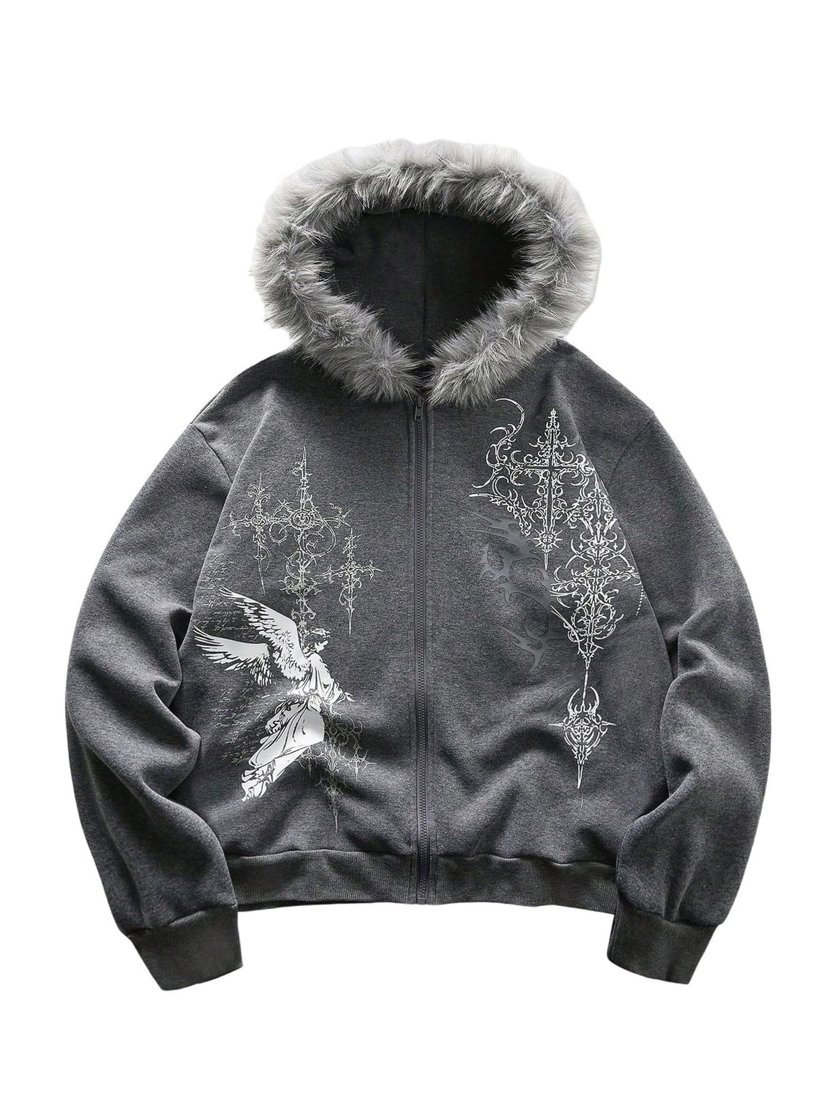 SOLY HUX Men's Y2K Grunge Zip Up Gothic Hoodie with Fur Hood