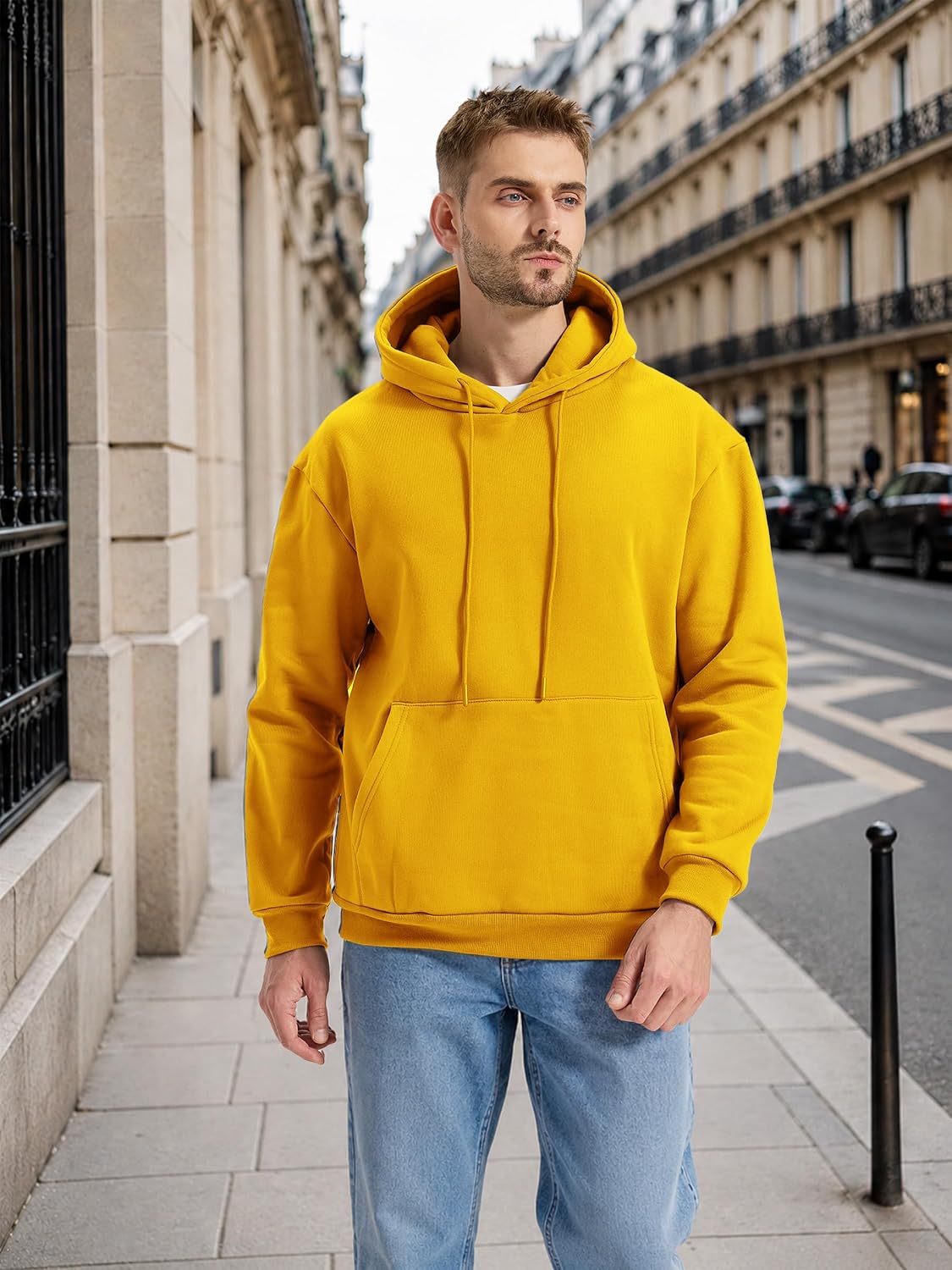 Mens Fleece Lined Hoodie Casual Oversized Pullover Sweatshirts Midweight Fashion Long Sleeve Hooded Sweatshirt