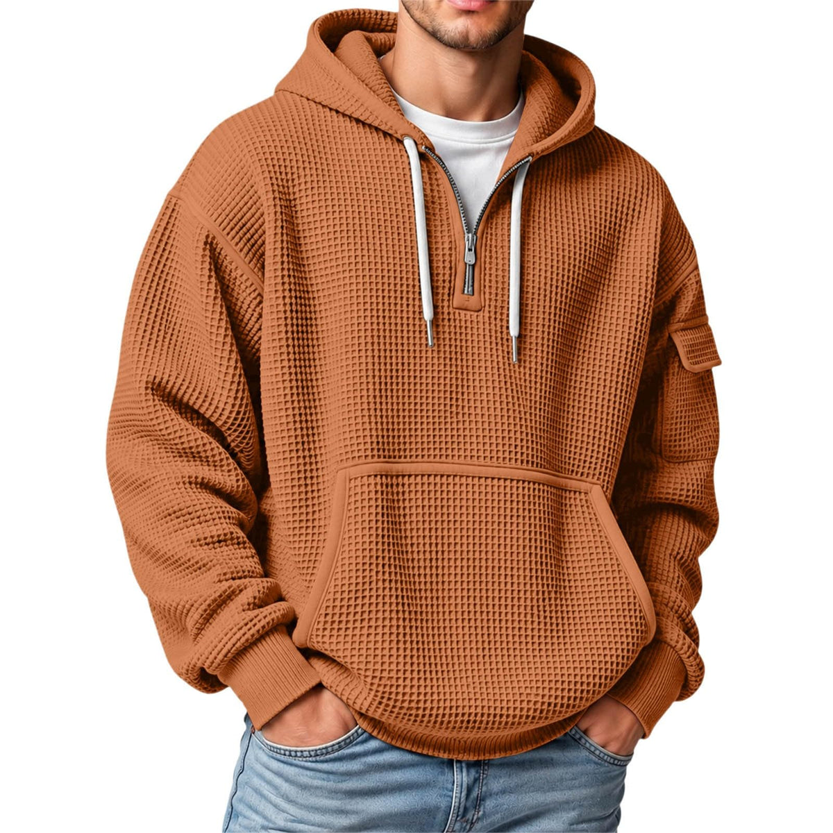 XS-5XL Men's Quarter Zip Hoodies Waffle Knit Pullover Long Sleeve Casual Sweatshirt Loose Fit Tops with Pockets