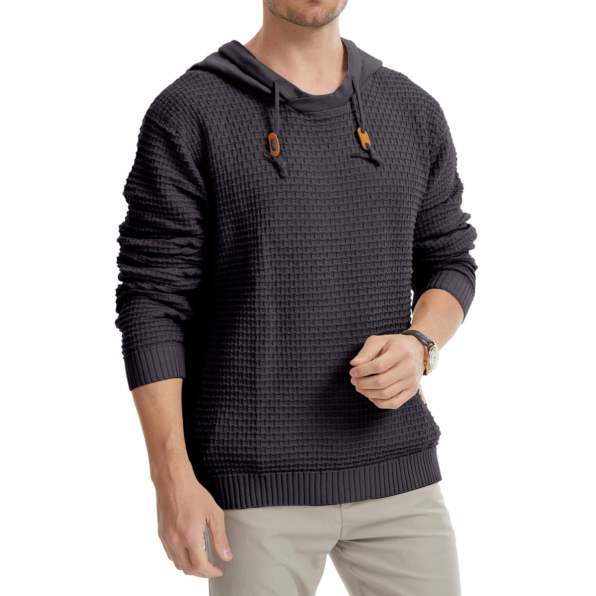 Mens Hooded Sweatshirt Casual Long Sleeve Drawstring Solid Knitted Hoodie Pullover Sweater