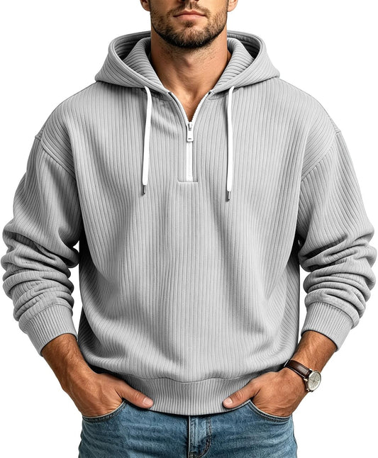 Corduroy Hoodies for Men Quarter Zip Pullover Sweatshirt