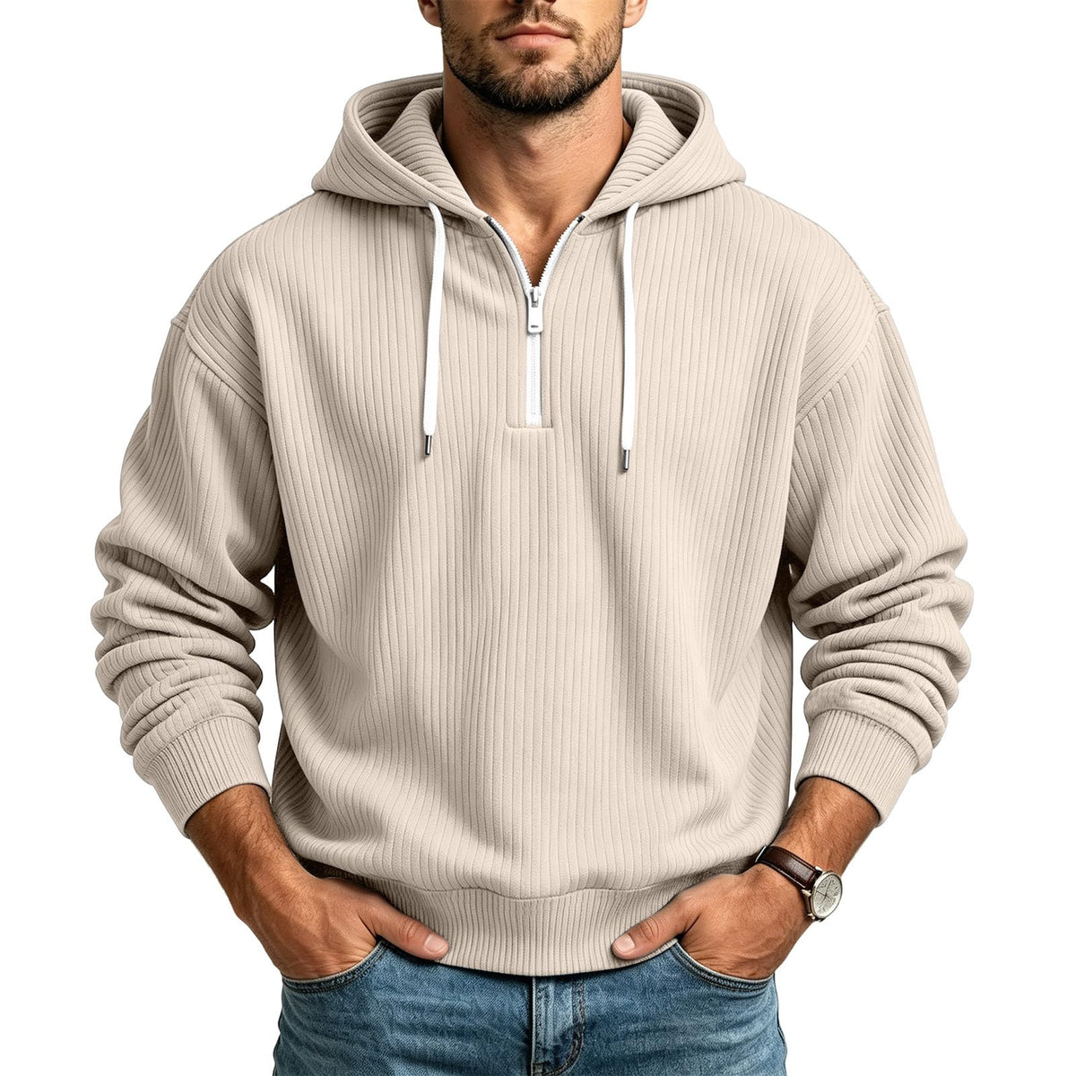 Corduroy Hoodies for Men Quarter Zip Pullover Sweatshirt