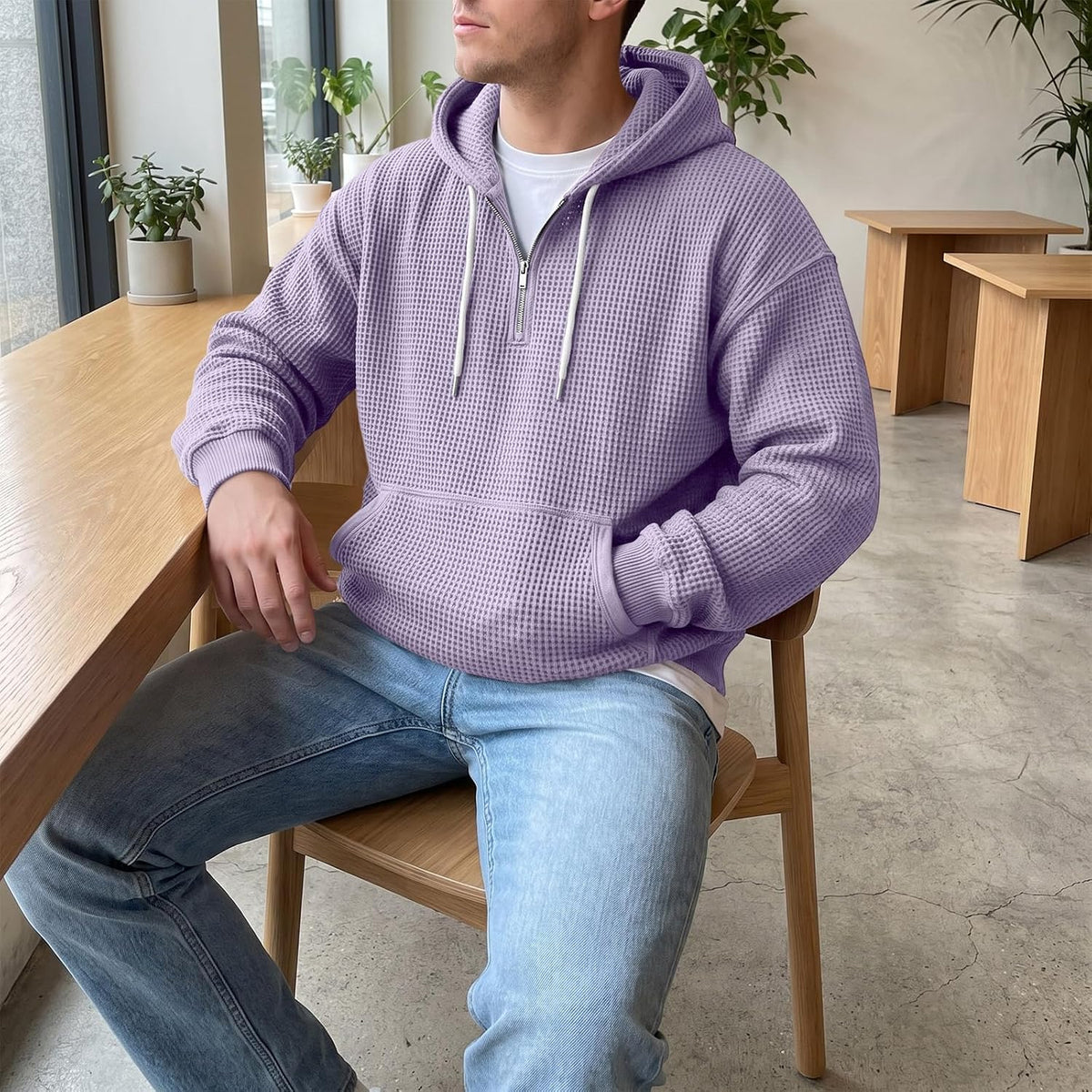Waffle Knit Hoodie Men Quarter Zip Hoodie Men Comfort Pullover Fitness Long Sleeve Streetwear Sweatshirt