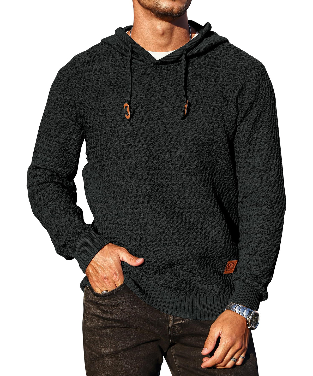 Men's Hoodie Pullover Casual Solid Waffle Knit Hooded Sweatshirt