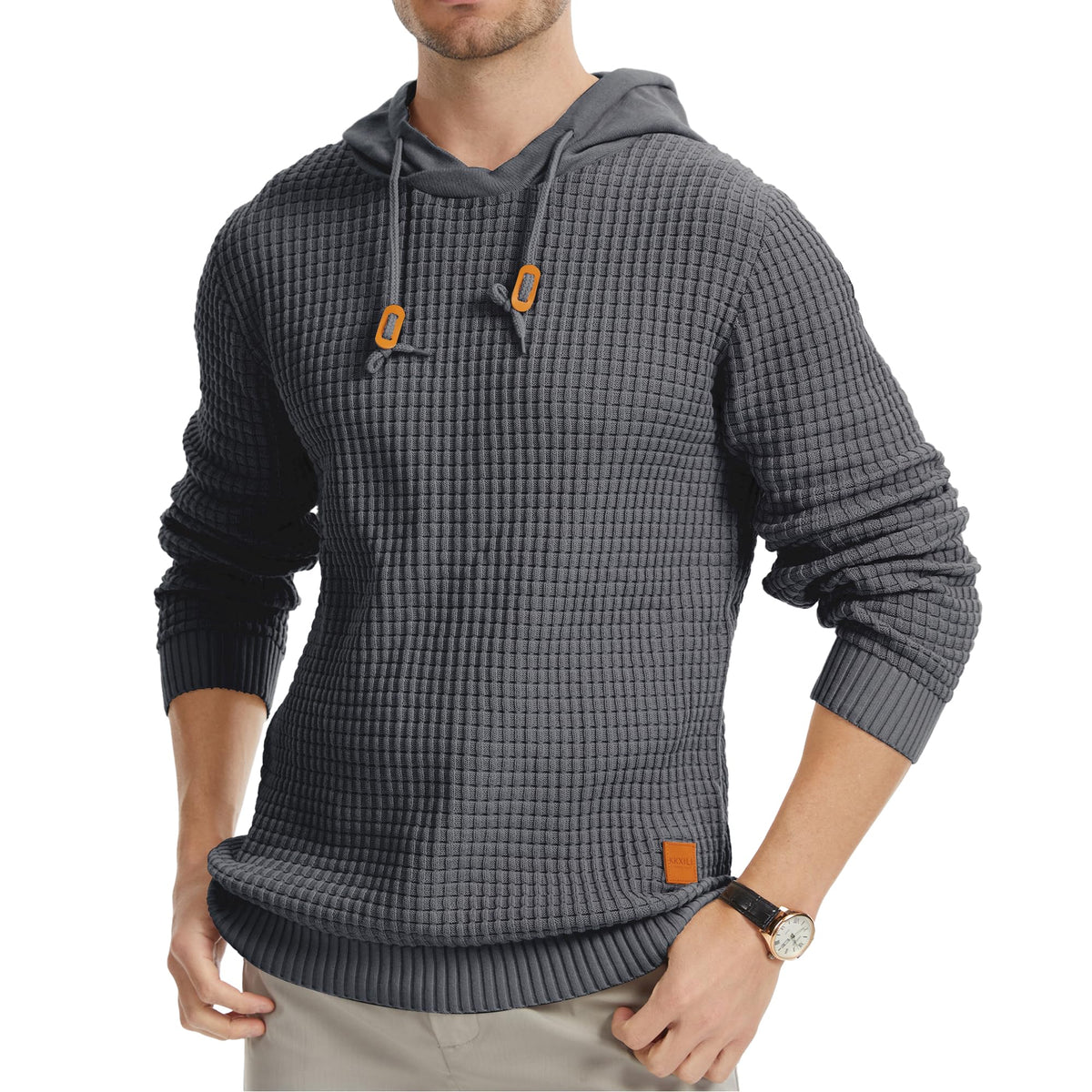 Mens Hooded Sweatshirt Casual Long Sleeve Drawstring Solid Knitted Hoodie Pullover Sweater