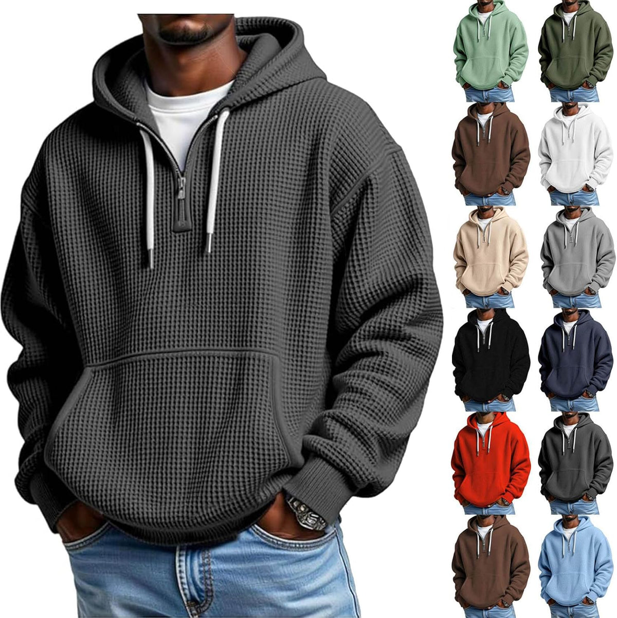 Hoodies for Men Waffle Quarter Zip Pullover Oversized Sweatshirt