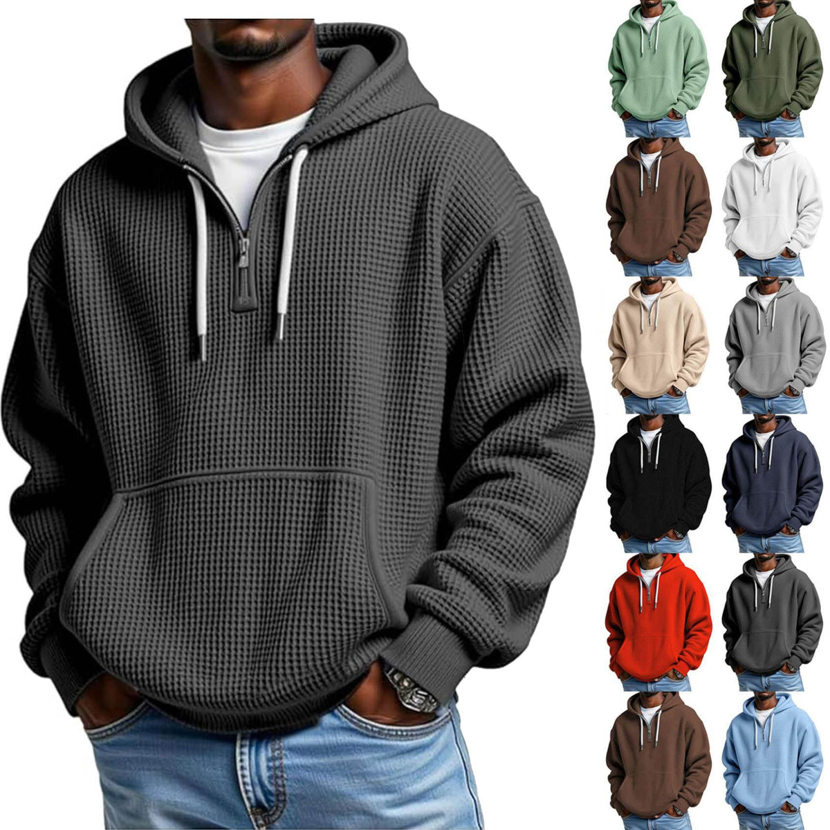 Hoodies for Men Waffle Quarter Zip Pullover Oversized Sweatshirt