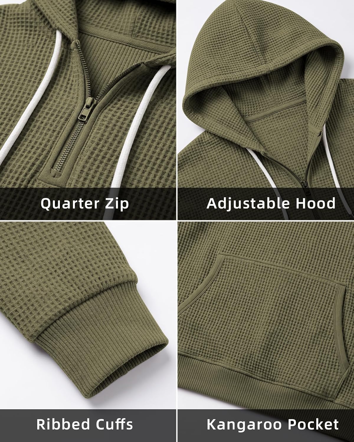 Men's Quarter Zip Waffle Hoodie Casual Pullover Sweatshirt