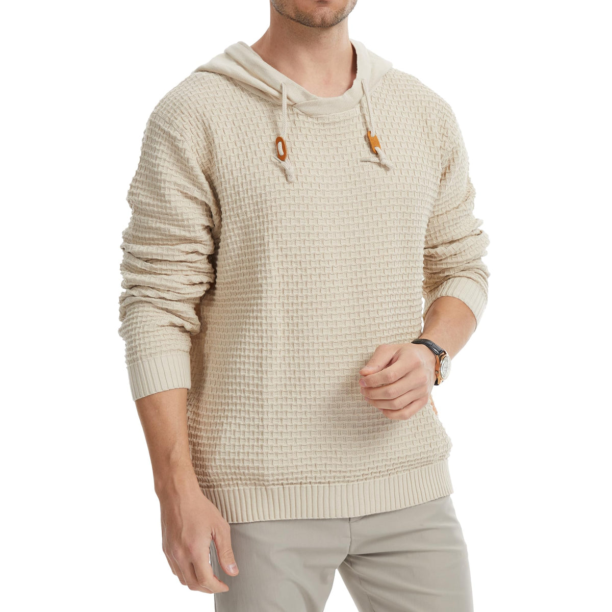 Mens Hooded Sweatshirt Casual Long Sleeve Drawstring Solid Knitted Hoodie Pullover Sweater