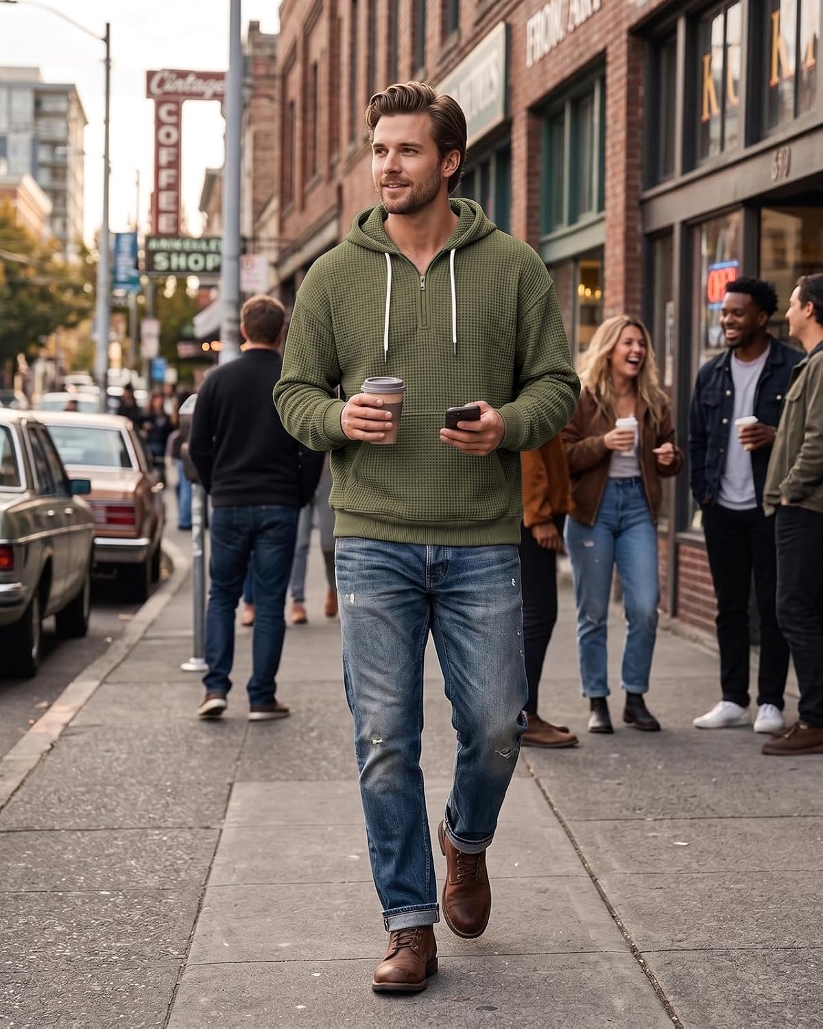 Men's Quarter Zip Waffle Hoodie Casual Pullover Sweatshirt