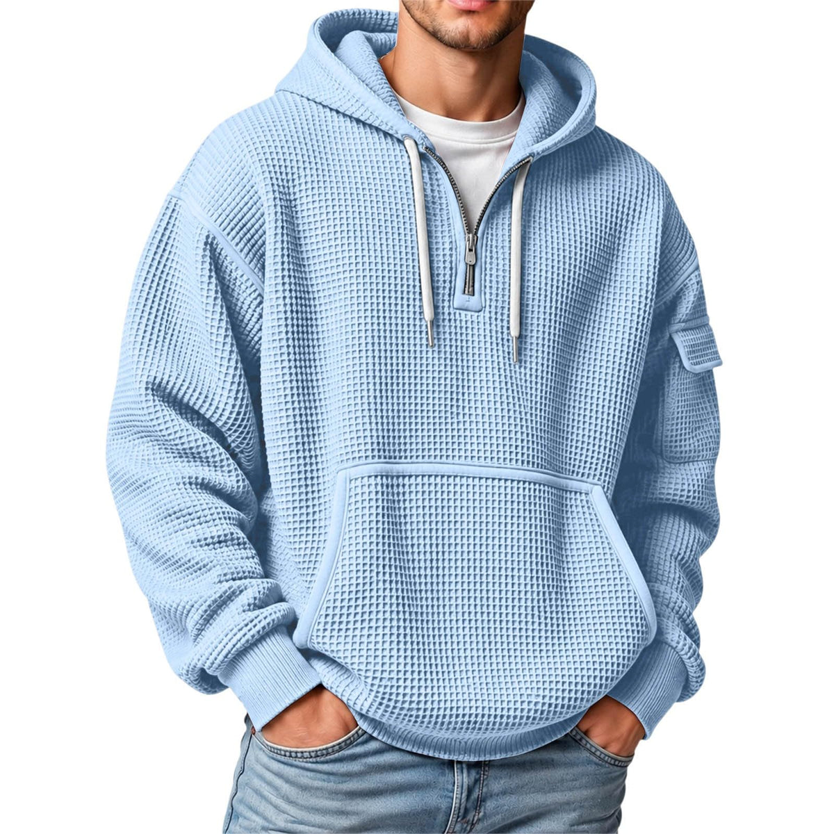 XS-5XL Men's Quarter Zip Hoodies Waffle Knit Pullover Long Sleeve Casual Sweatshirt Loose Fit Tops with Pockets