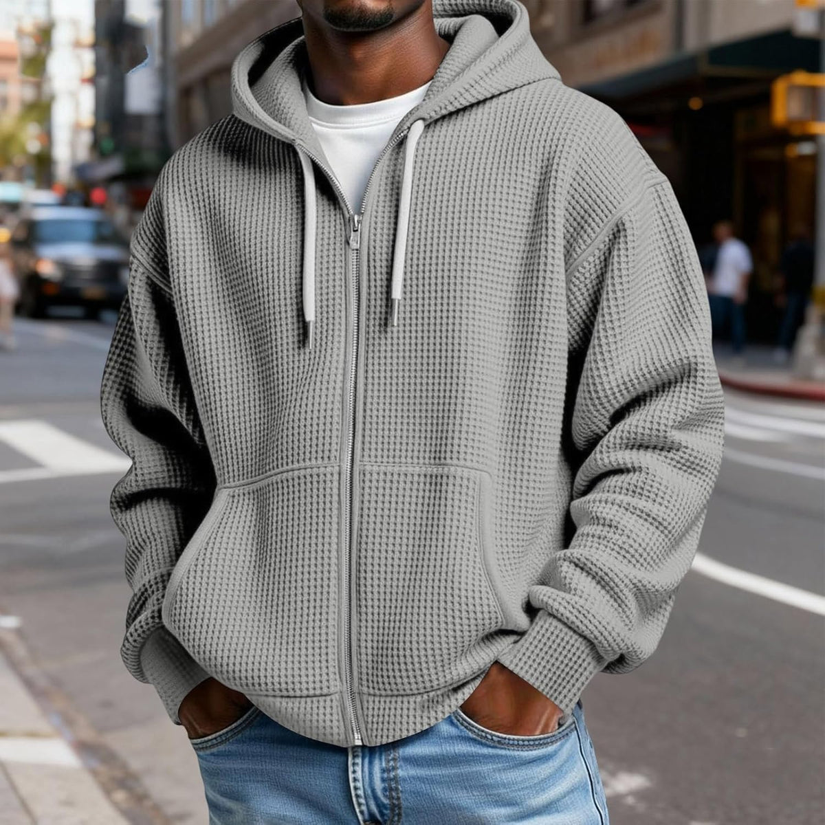 Waffle Knit Hoodies for Men Full Zip Sweatshirt Hooded Cardigan with Pocket Loose Fit Drawstring Athletic Jackets