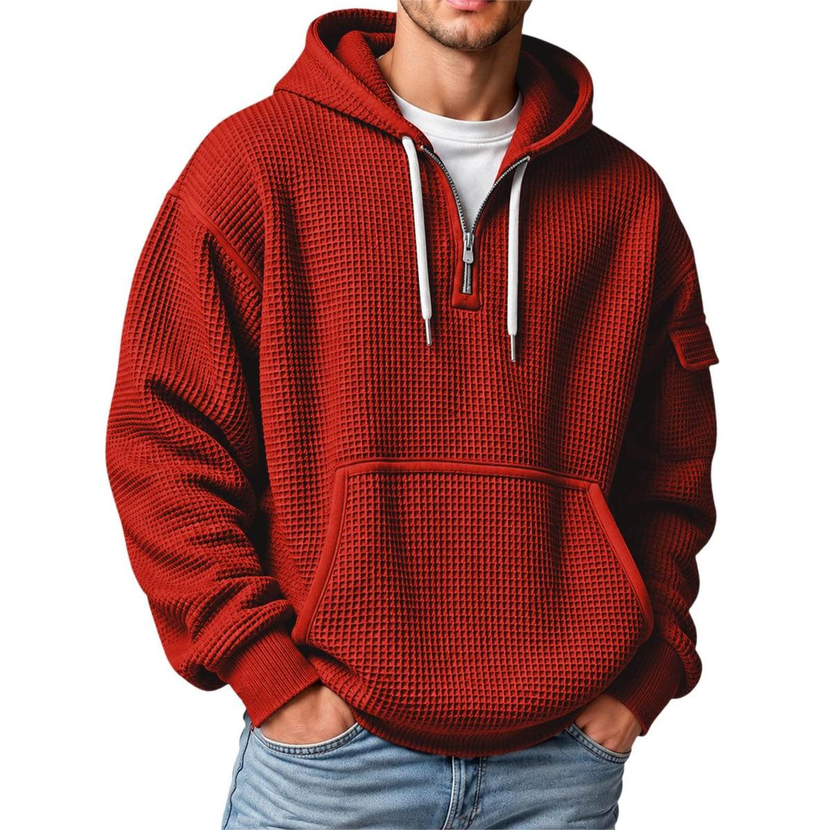 XS-5XL Men's Quarter Zip Hoodies Waffle Knit Pullover Long Sleeve Casual Sweatshirt Loose Fit Tops with Pockets
