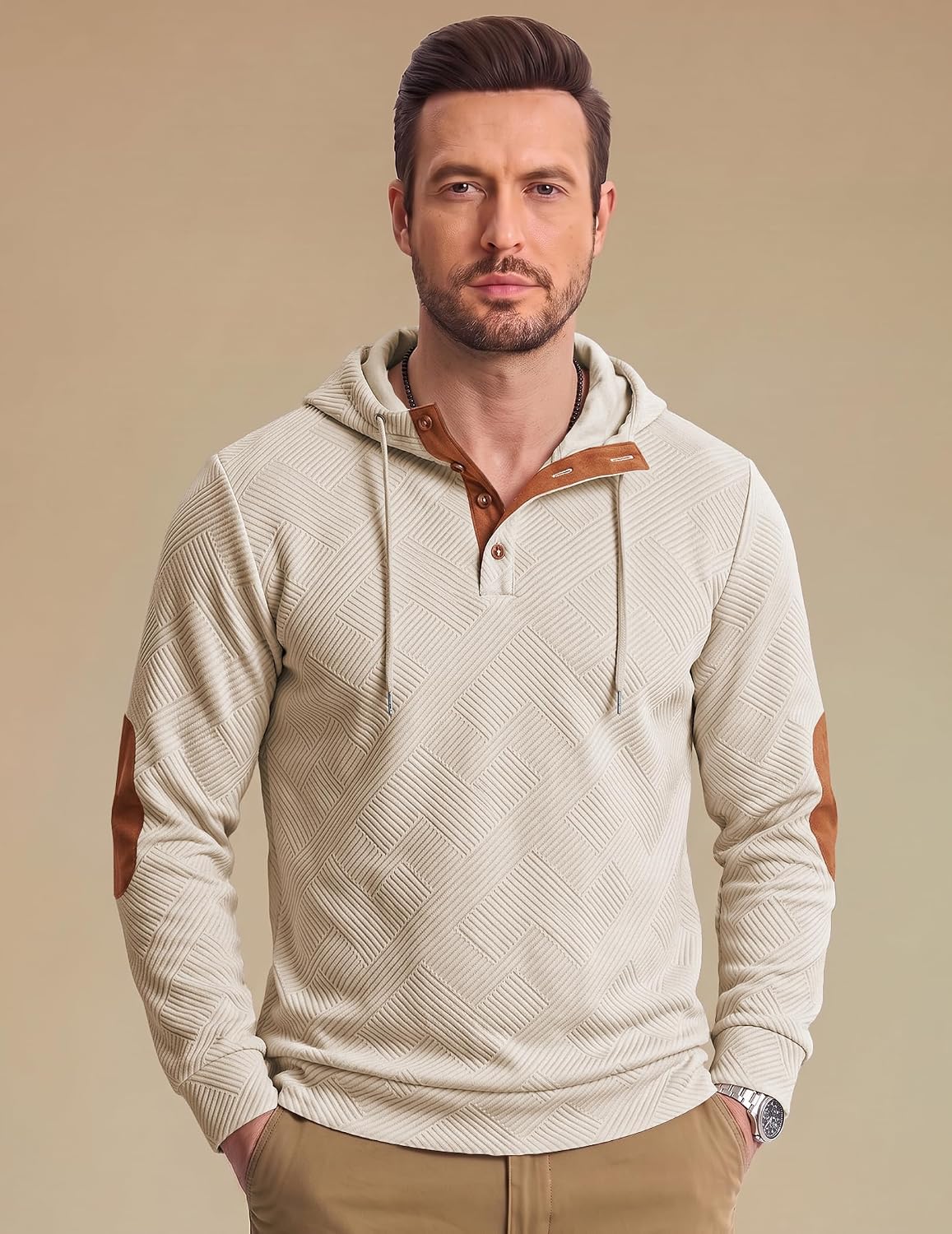 JMIERR Men's Cotton Textured Vintage Quarter-Button Casual Henley Hoodie