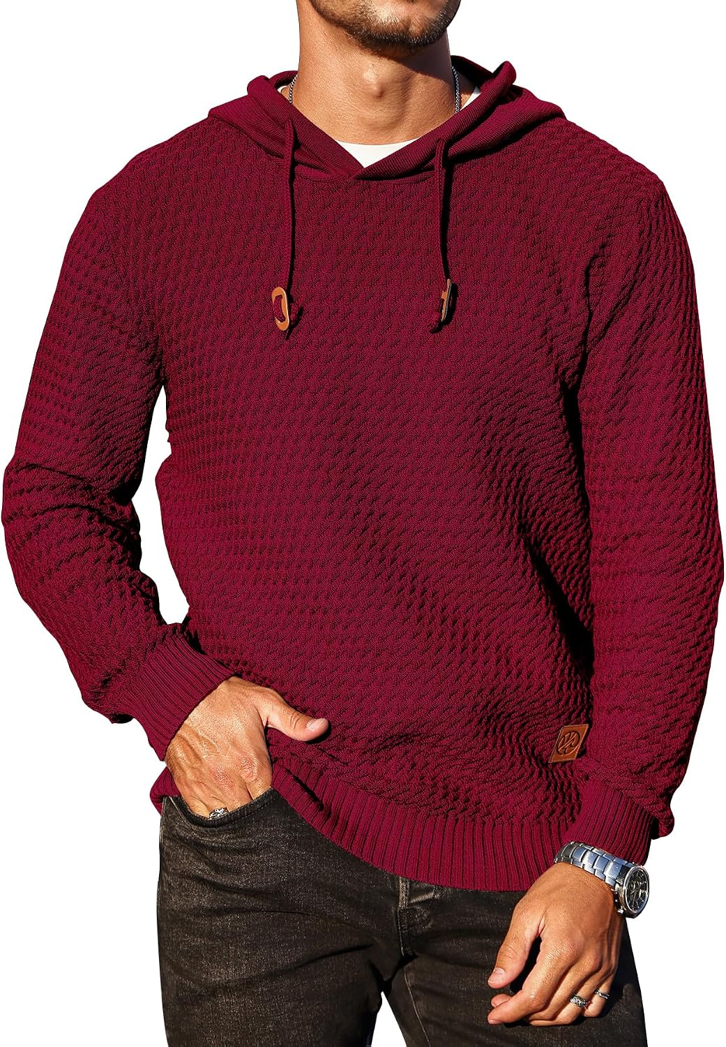 Men's Hoodie Pullover Casual Solid Waffle Knit Hooded Sweatshirt