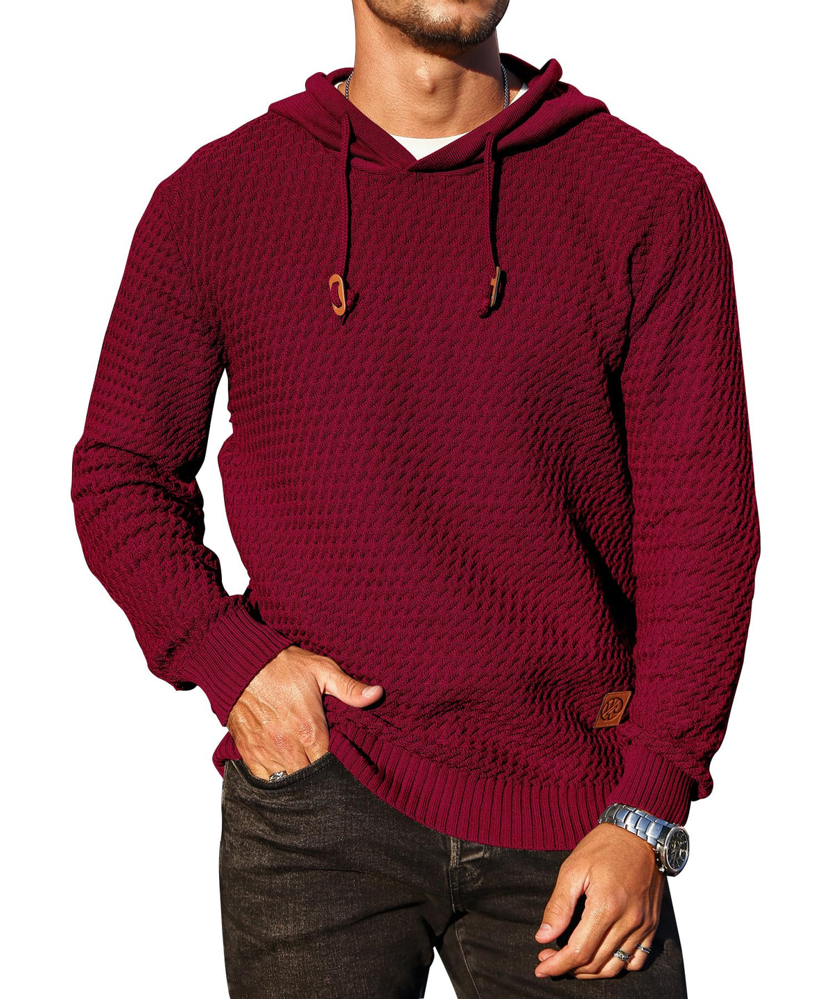 Men's Hoodie Pullover Casual Solid Waffle Knit Hooded Sweatshirt