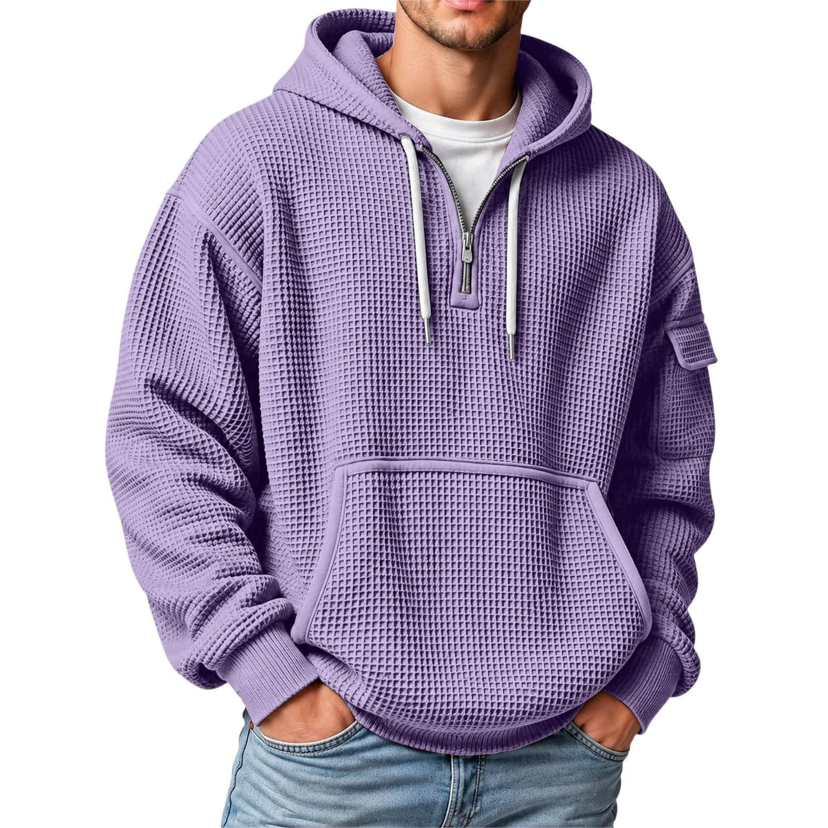XS-5XL Men's Quarter Zip Hoodies Waffle Knit Pullover Long Sleeve Casual Sweatshirt Loose Fit Tops with Pockets