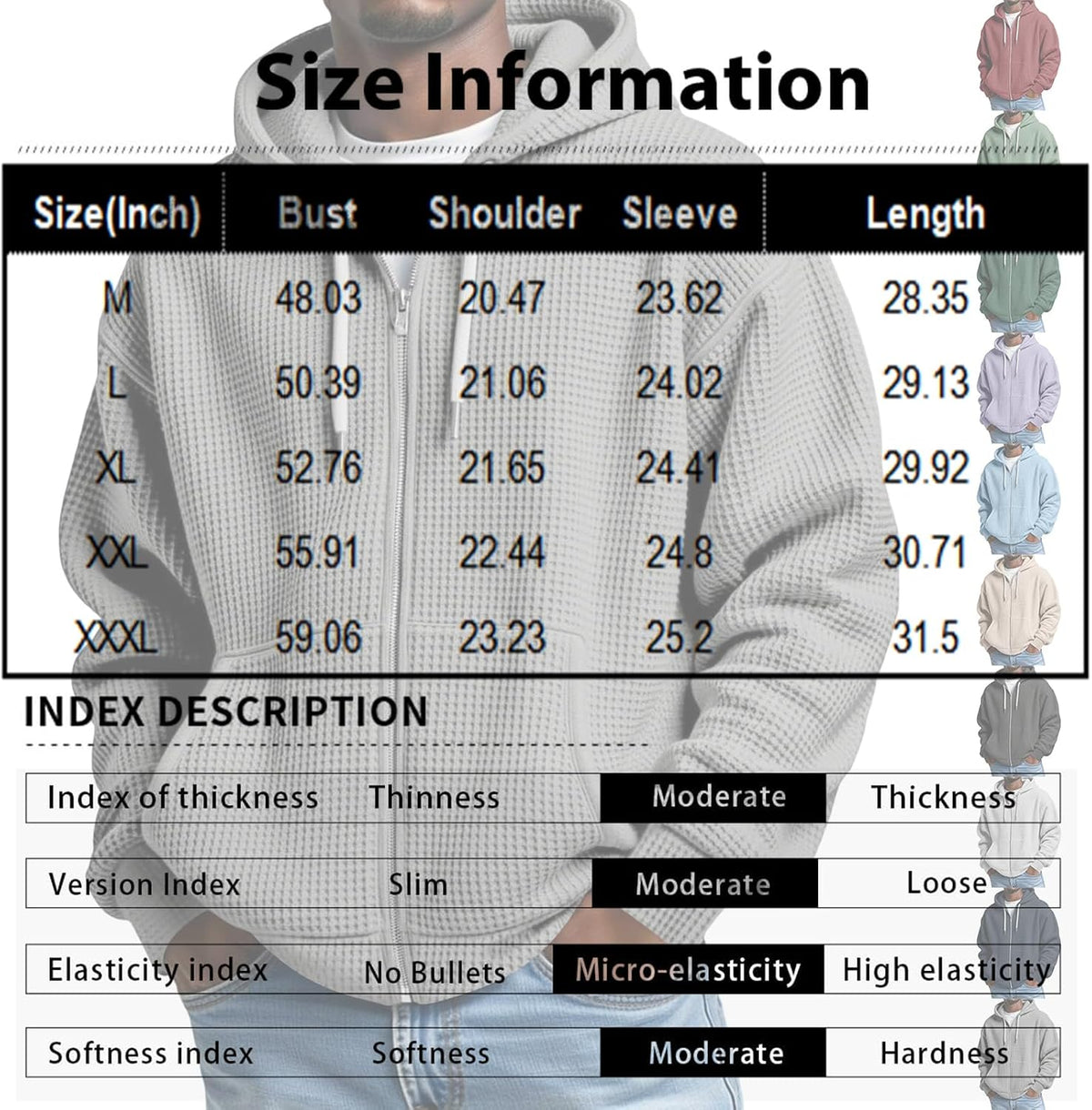 Waffle Knit Hoodies for Men Full Zip Sweatshirt Hooded Cardigan with Pocket Loose Fit Drawstring Athletic Jackets