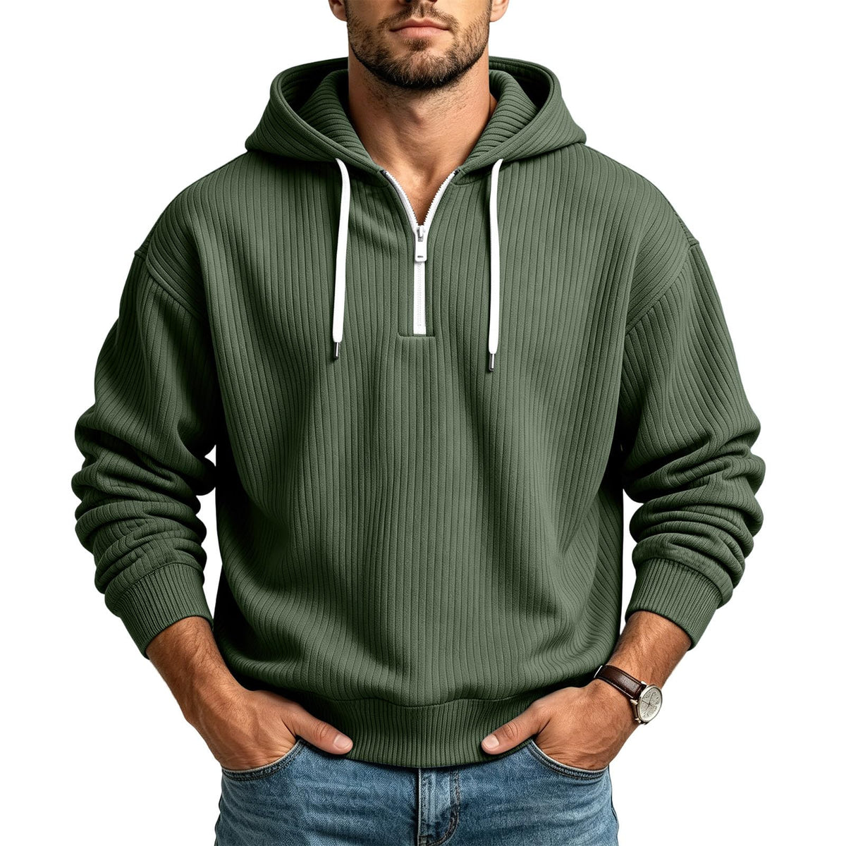 Corduroy Hoodies for Men Quarter Zip Pullover Sweatshirt